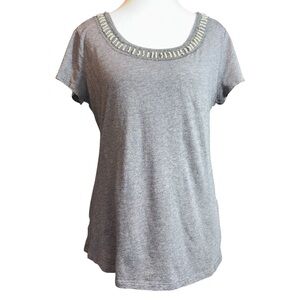 Ann Taylor LOFT Embellished Pearl Diamond Collar Shirt PLarge Top Elegant Tshirt